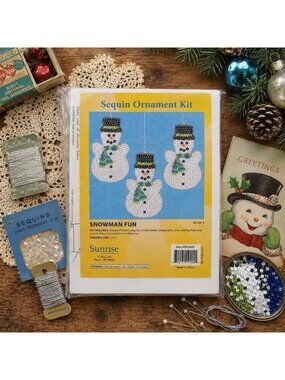 Vintage Sunrise Sequin Push Pin Ornament Christmas Craft Kit Snowman Fun Beaded